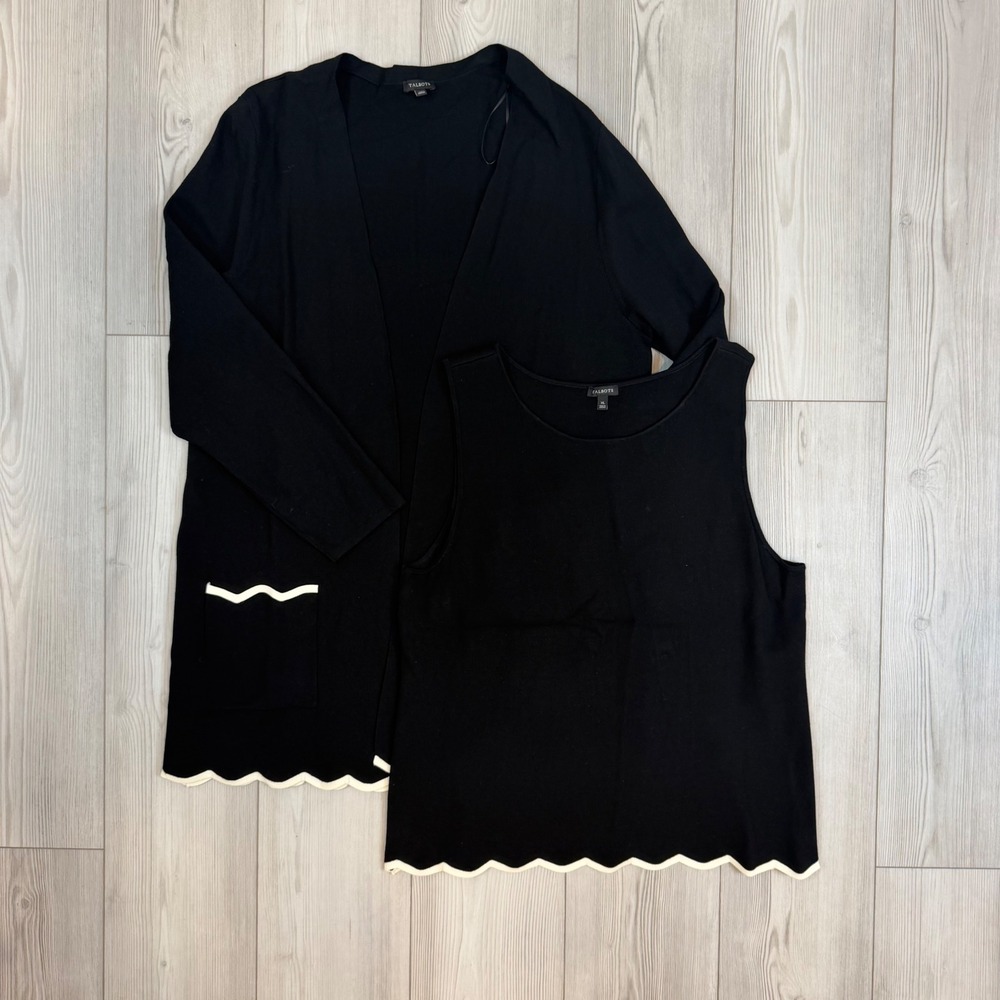 Talbots Black White Scallop Trim Cardigan and Shell Sweater Set XL